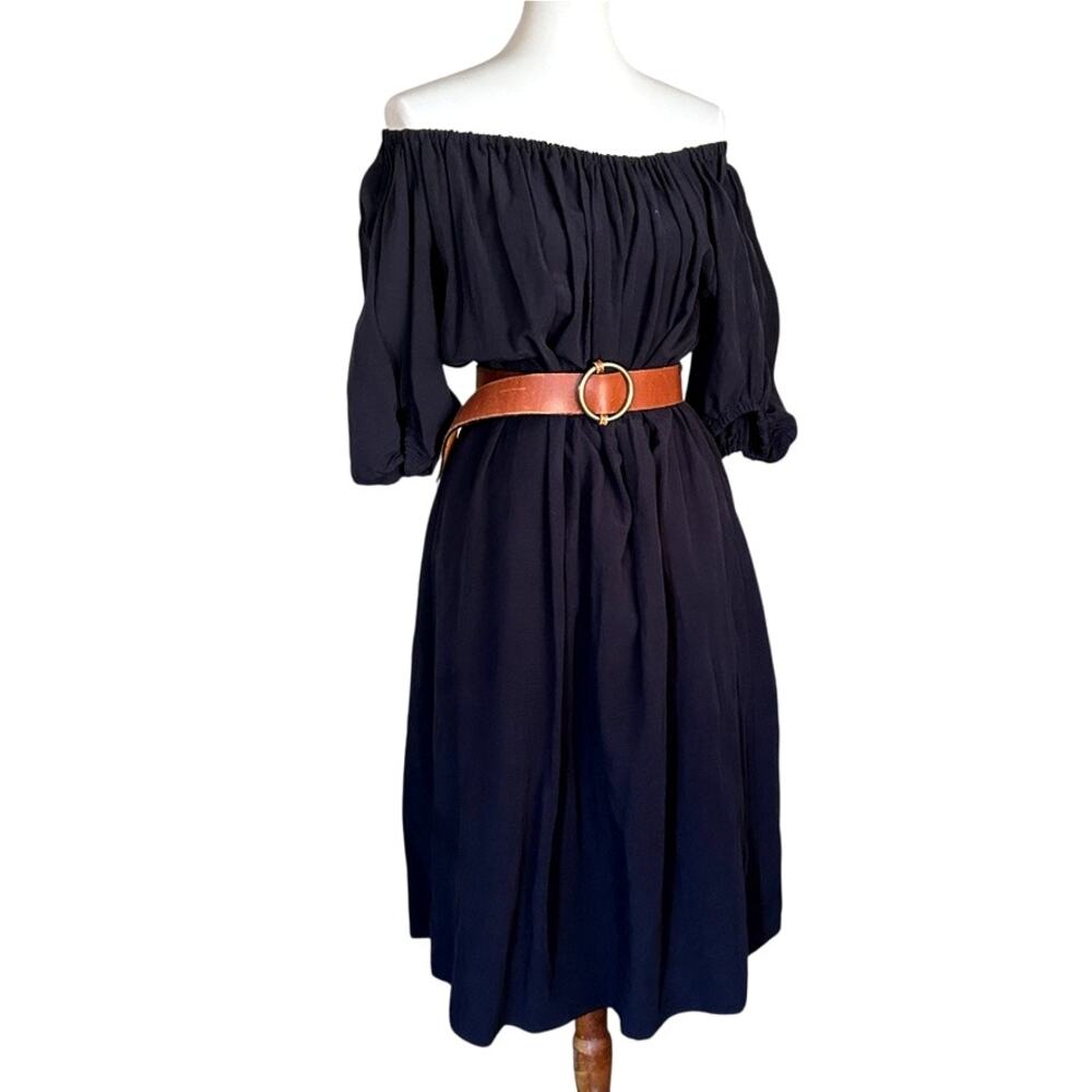 COS Navy Tencel Lyocell Midi Dress NWT Off Shoulder Pockets Balloon Sleeve US 6